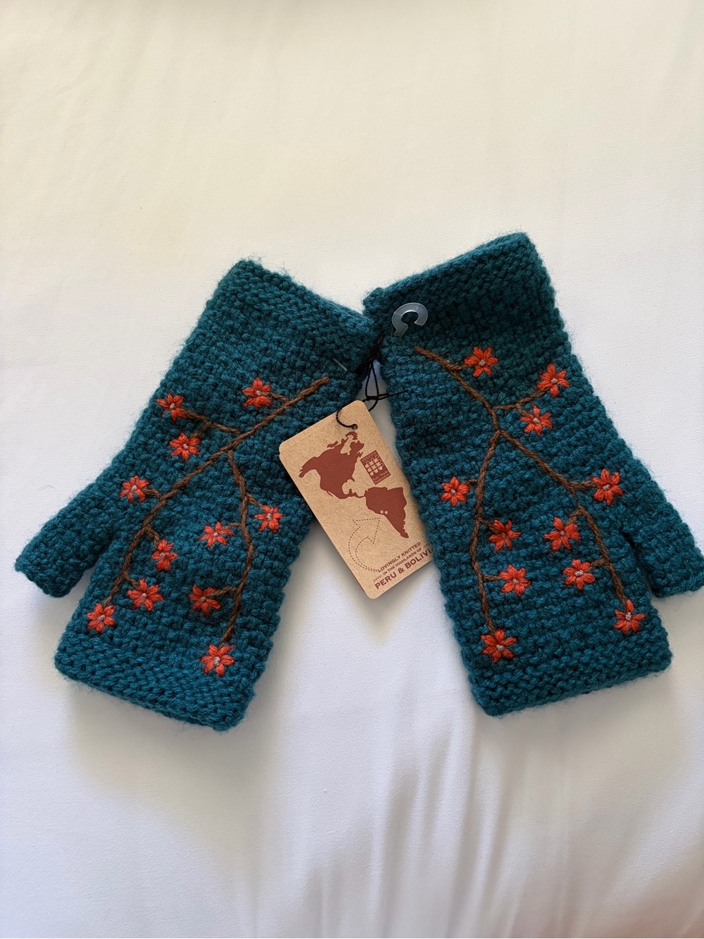 Handmade Teal Kids Fingerless Gloves with Orange Floral Embroidery